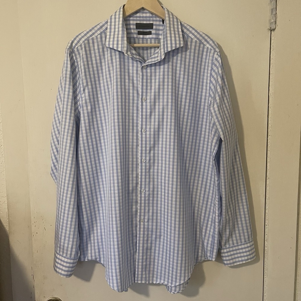 Calvin Klein Mens 17 34/35 Slim Fit Infinite Non Iron Gingham Dress Shirt Blue